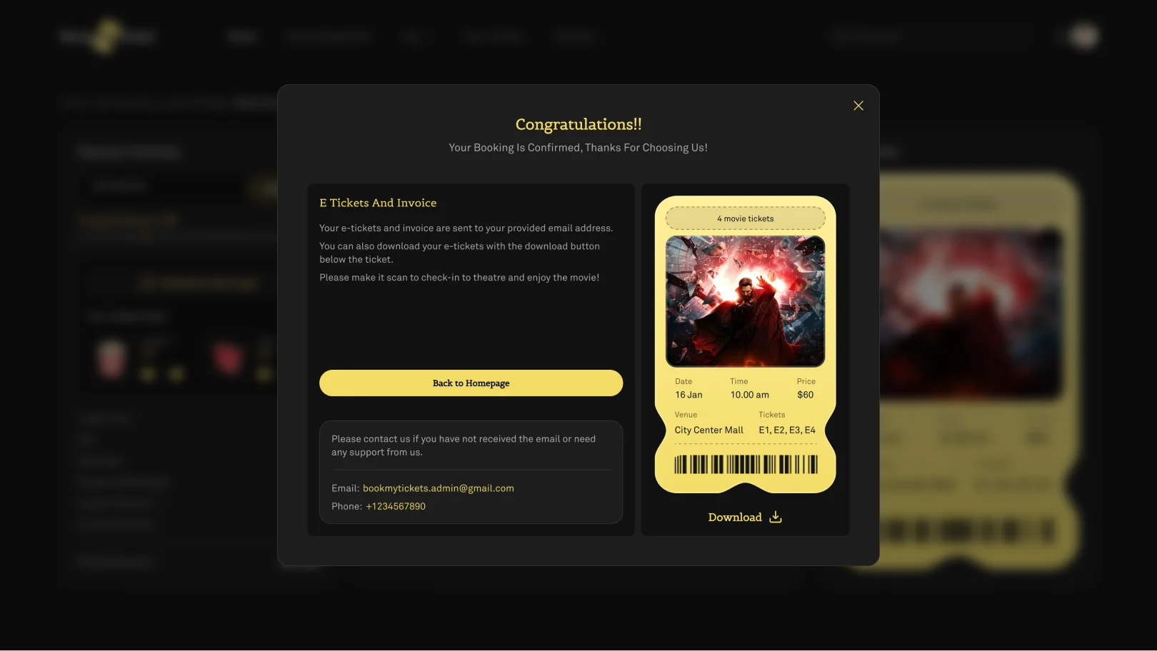 ticket popup screen